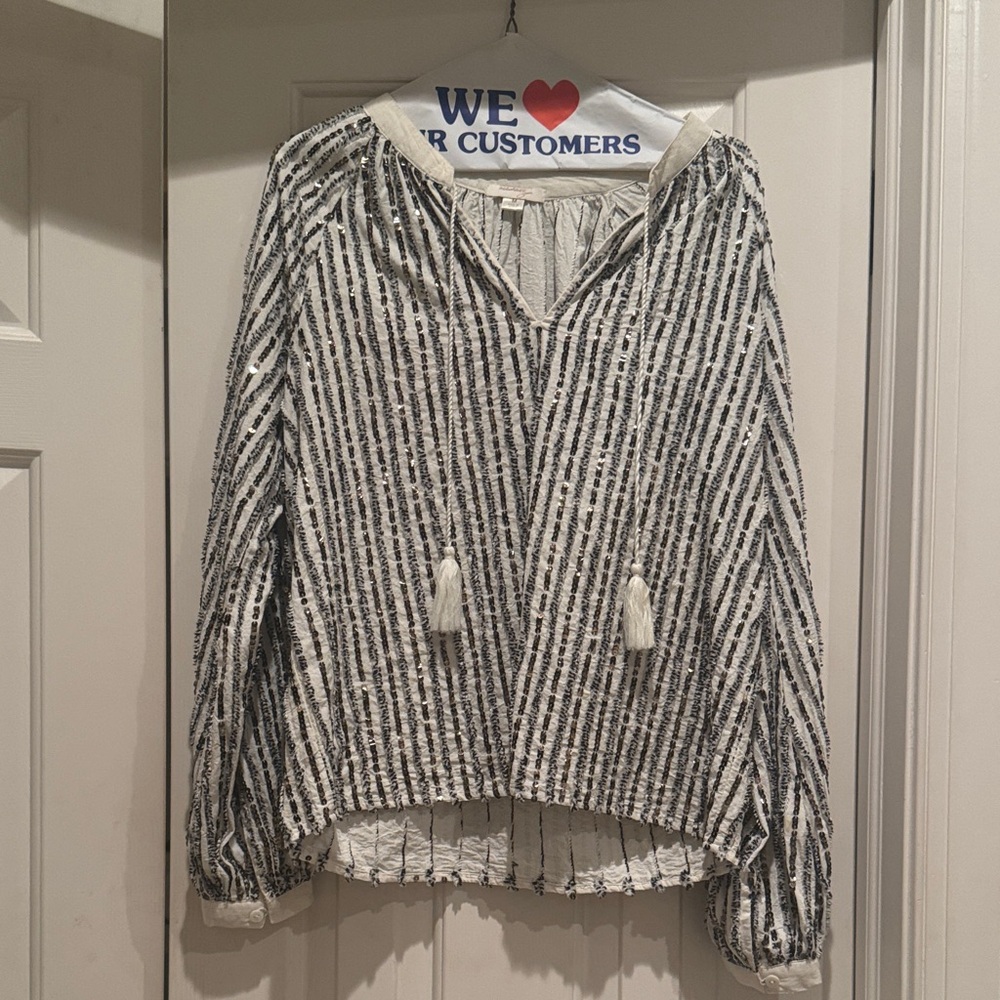 Striped Black and White Blouse with Tassels